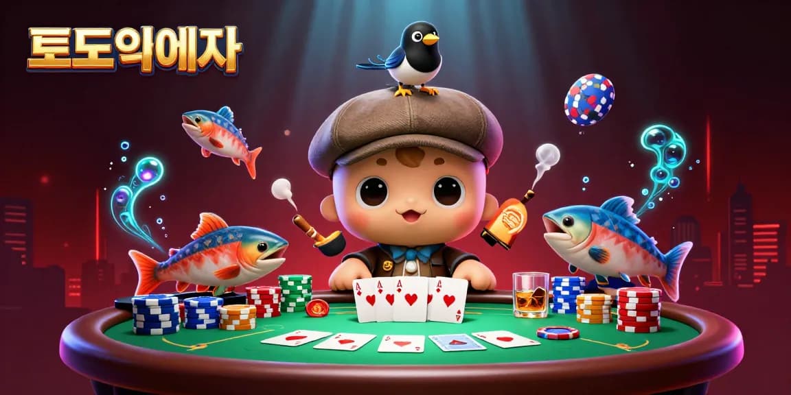 Interact with the cute cartoon Nessie and magpie, exploring 토토사이트 features on a vibrant poker table.
