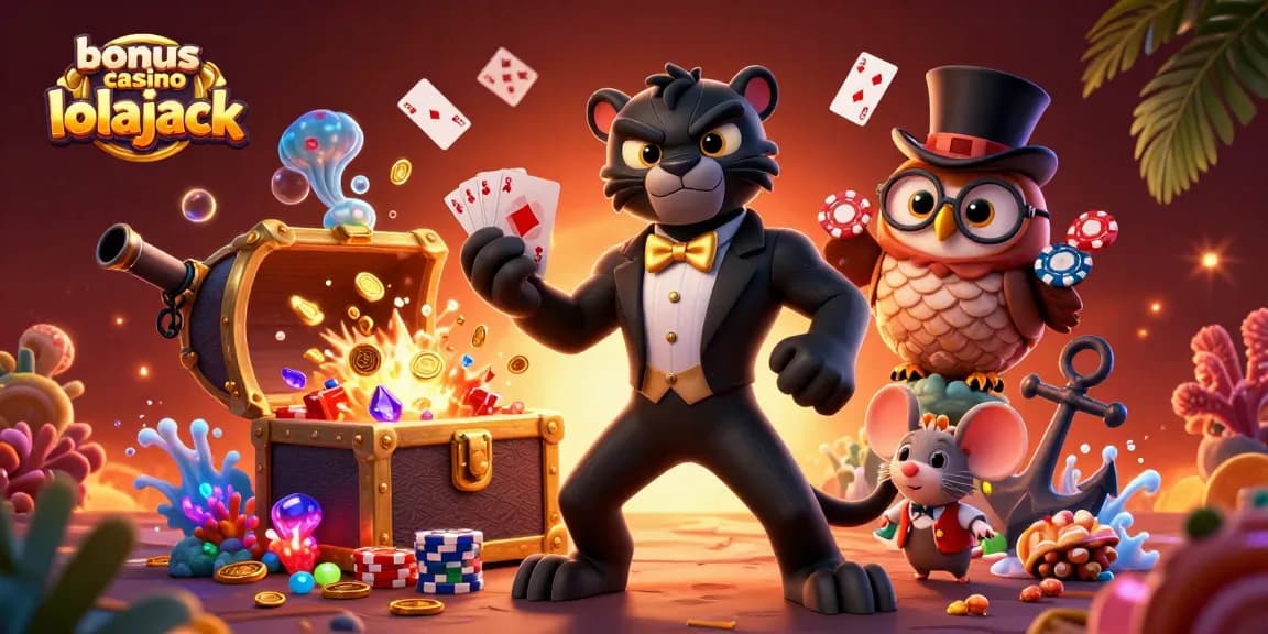 Jouer avec le bonus de casino lolajack dans une illustration colorée de jeux de cartes et de trésors sous-marins.