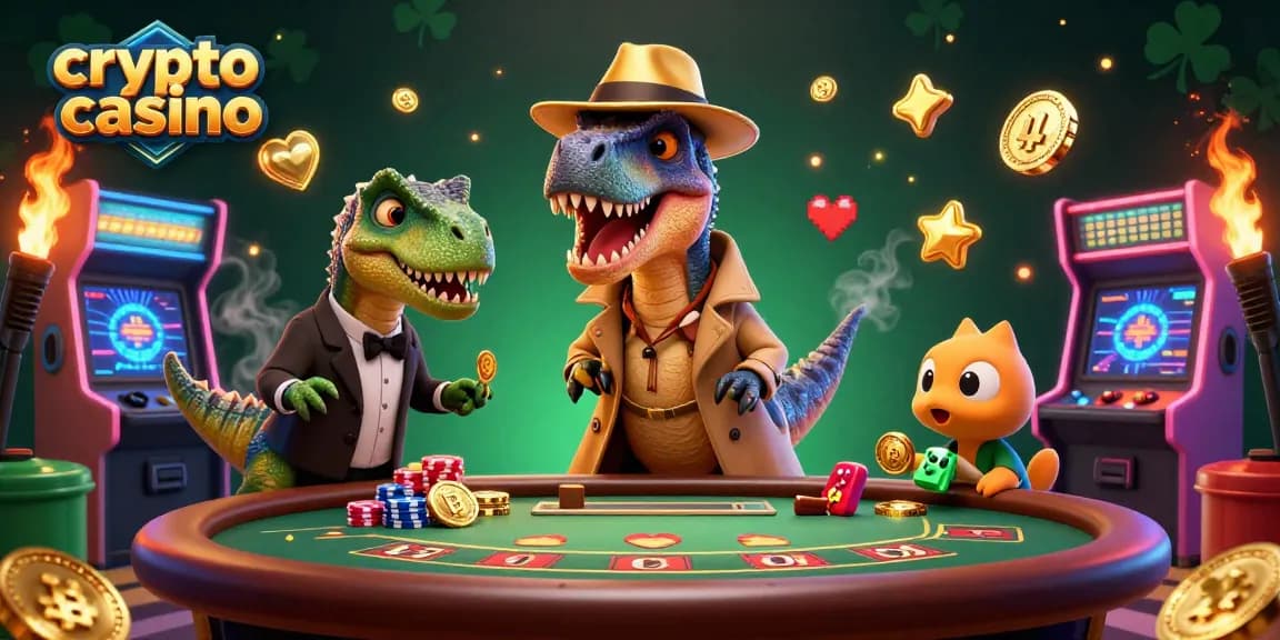 Casino crypto dynamique avec un velociraptor jouant et un voleur de jetons, ambiance immersive et animation colorée.
