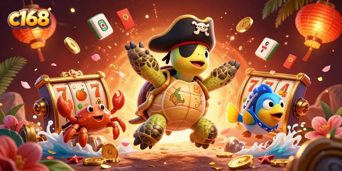 Engage with the thrilling world of c168, where a pirate turtle and friends celebrate jackpot wins amidst exciting casino elements.