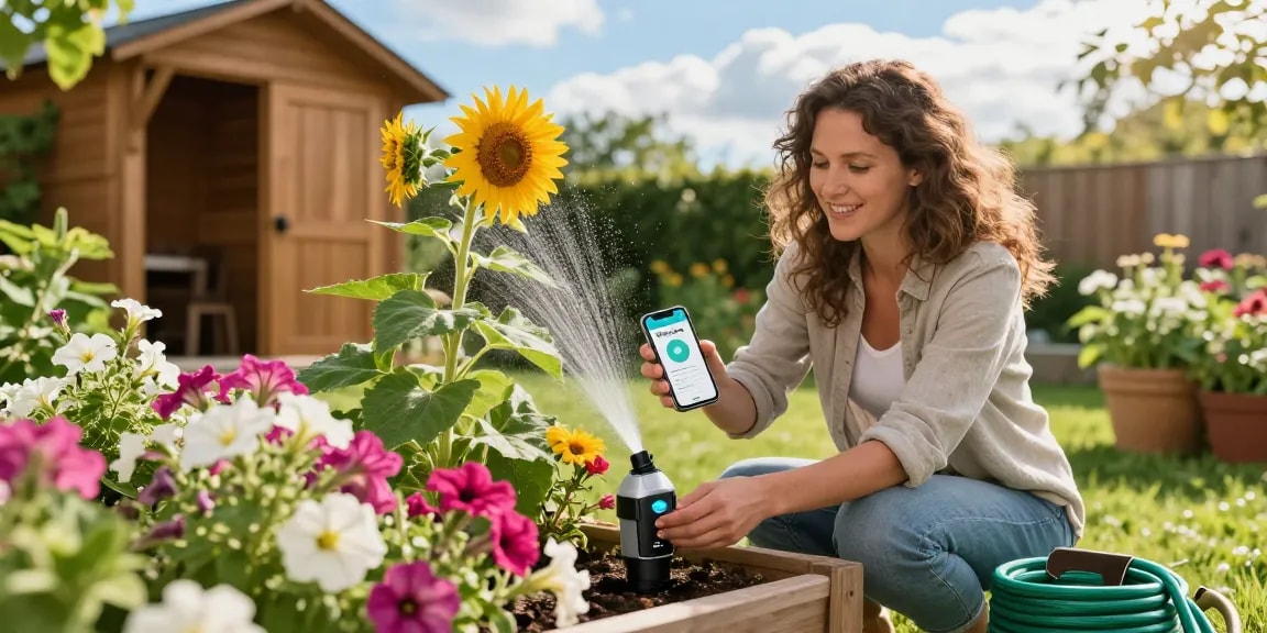 Homeowner using the RainPoint WiFi water timer to manage a vibrant garden efficiently.