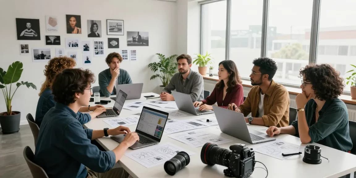 Creative team collaborating in a video production company studio focusing on storytelling.