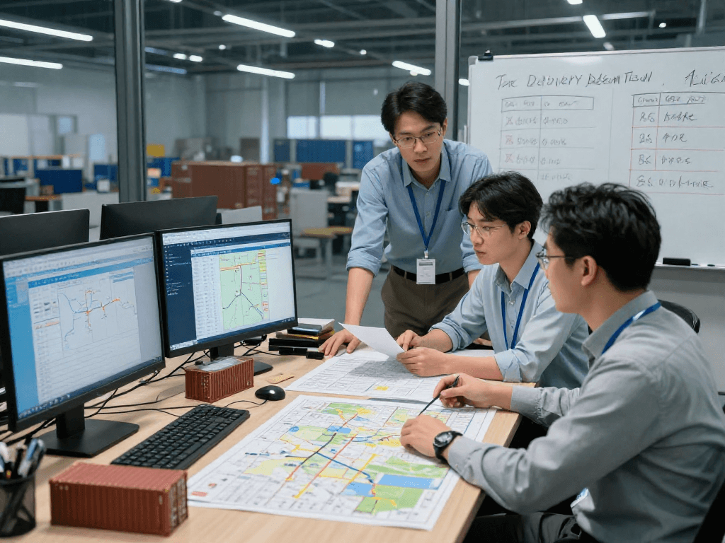 Ocargo Transport Dortmund: Logistikteam analysiert Transportdaten in modernem Büro