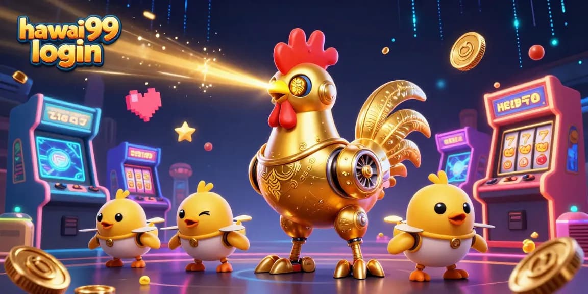 Experience the hawai99 login with vibrant 3D casino illustration featuring a golden rooster robot.
