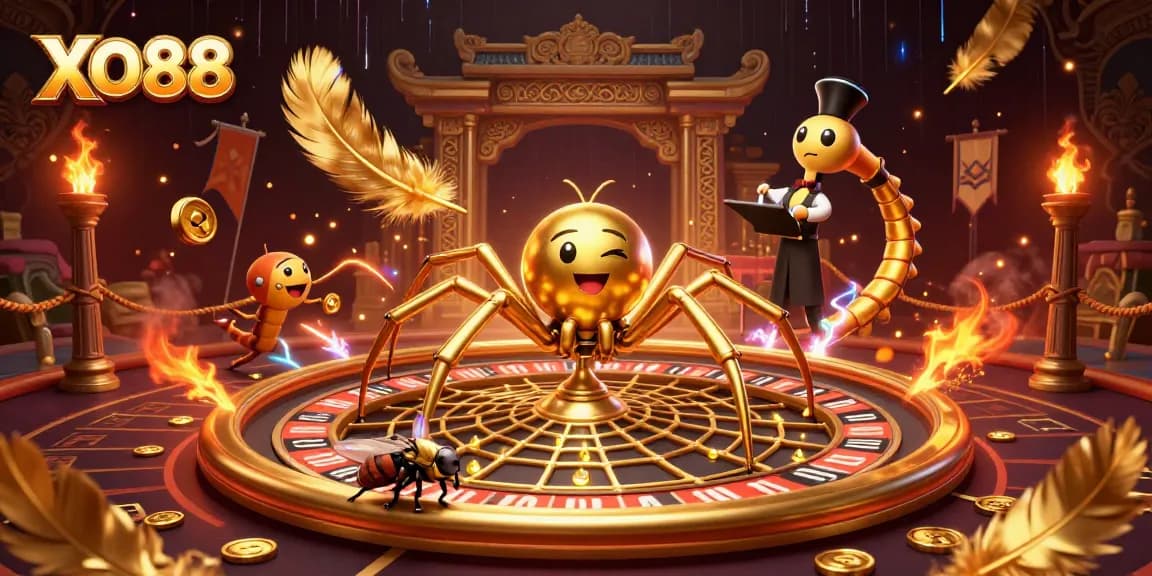 Engage with exciting casino games at XO88 with a vibrant, dynamic 3D illustration showcasing roulette and betting action.