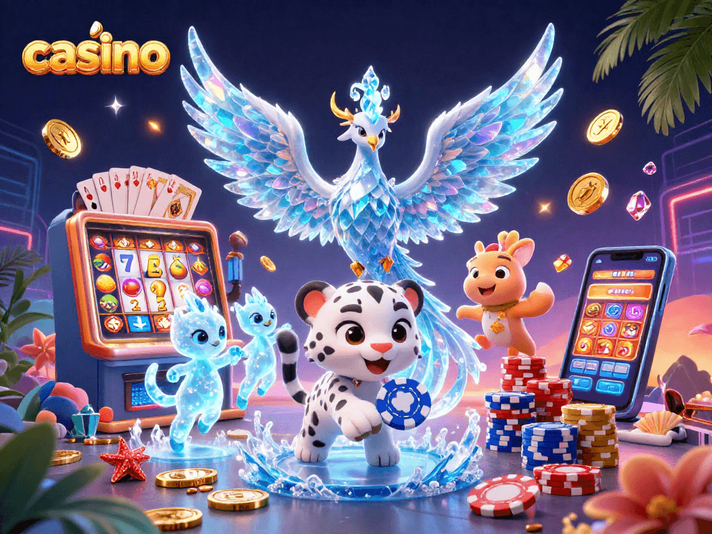 Experience thrilling casino action with an enchanting ice phoenix and vibrant game elements.