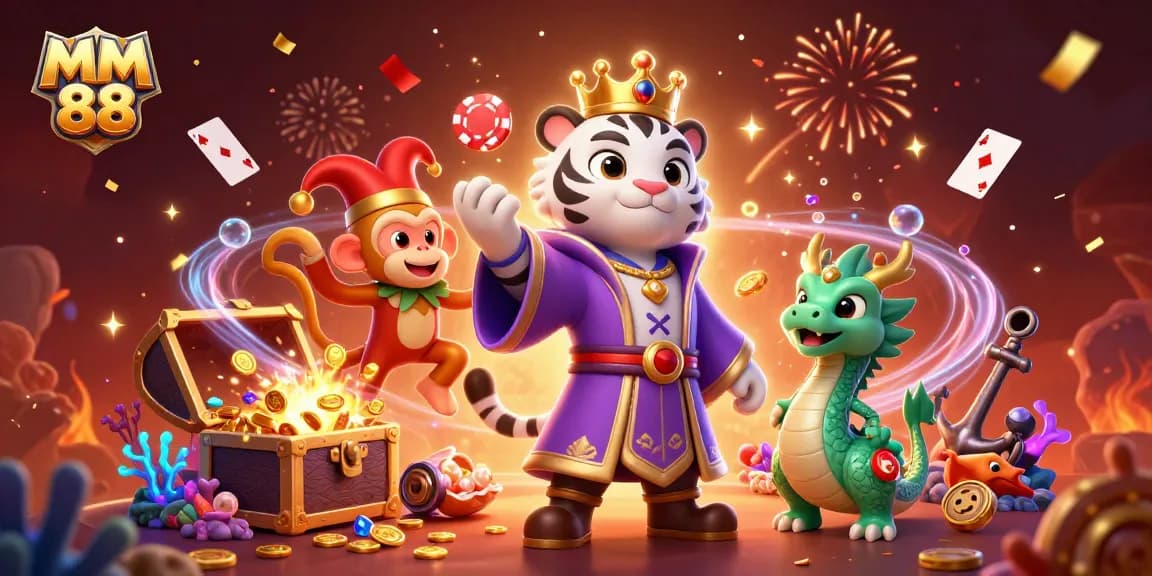 Experience thrilling gameplay at MM 88 with a vibrant 3D illustration featuring exciting casino characters juggling poker chips.