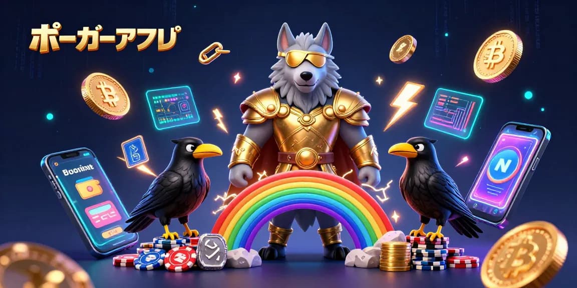 ポーカーアプリを楽しむための魅力的なシーン、ルーンストーンとカジノチップの虹橋を前にしたオーディンのオオカミ