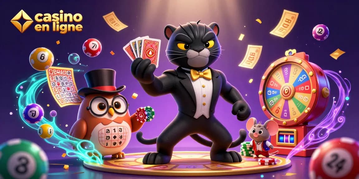 Jouez au casino en ligne avec ce visuel animé de personnages faisant du poker et des jeux de loterie.