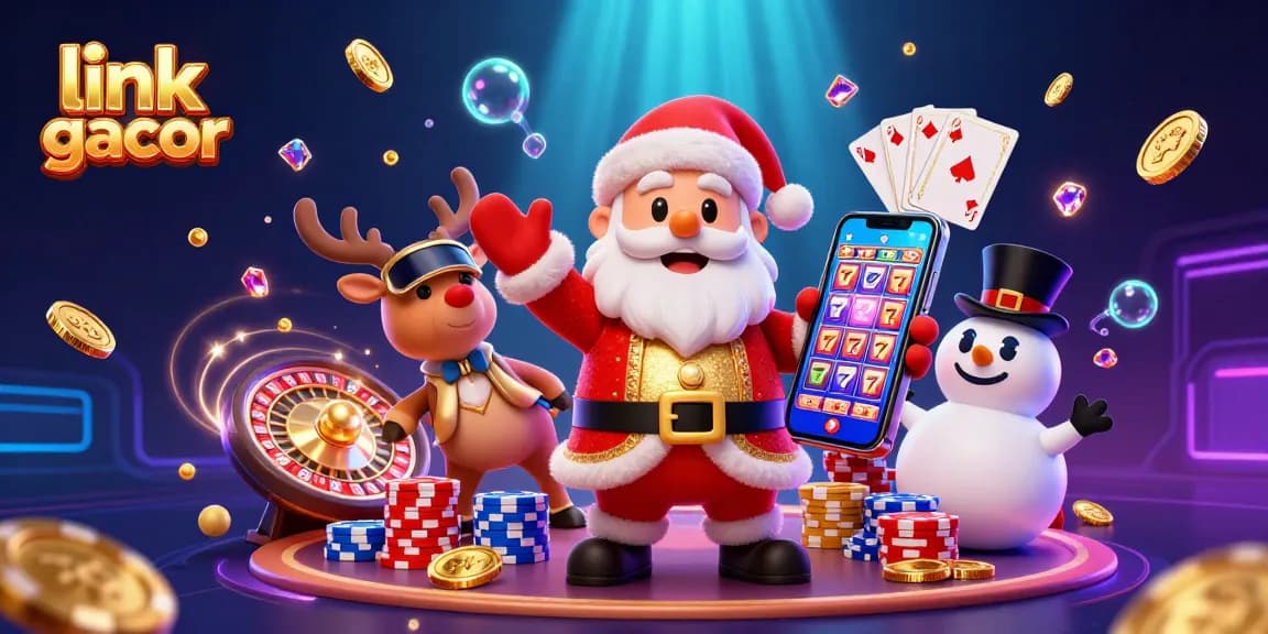 Putar slot menarik di link slot gacor sambil dikelilingi karakter kasino meriah dan elemen permainan yang dinamis.