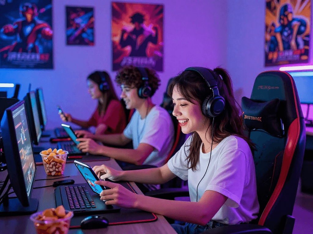 Enthusiastic gamers enjoying sex games on various devices in neon-lit room.