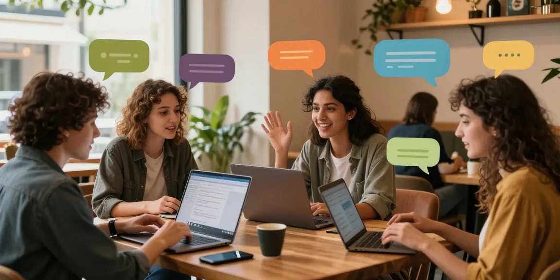 Engaging digital conversation scene representing شات فلة الخليج with diverse individuals exchanging ideas in a cozy coffee shop.