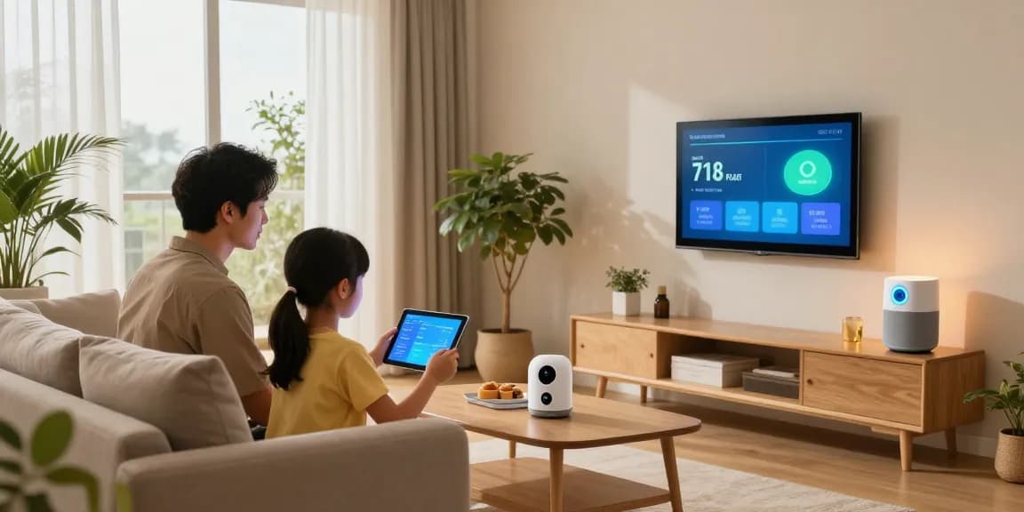 Family interacting with smart home gadgets in a cozy living room, highlighting smart lighting and technology integration.