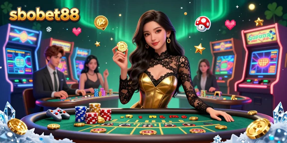 SboBet88 high-stakes betting scene with a glamorous Asian woman and vibrant game elements.