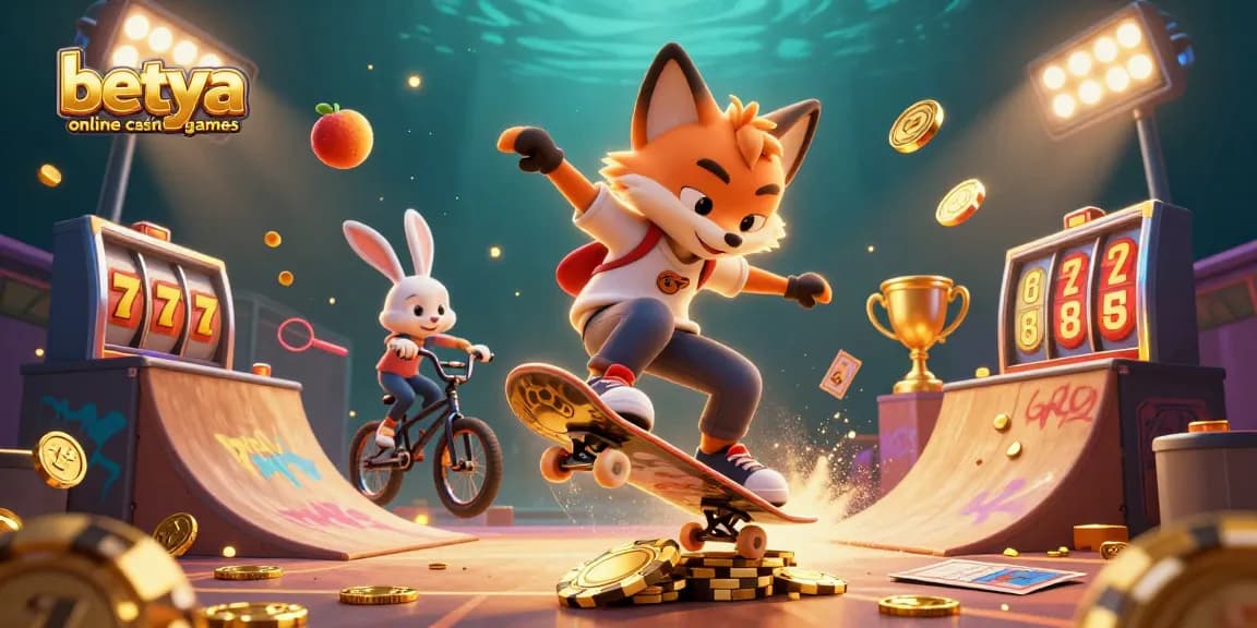 Experience excitement with betya online casino games featuring a dynamic fox and rabbit amidst flashy slots and vibrant casino elements.