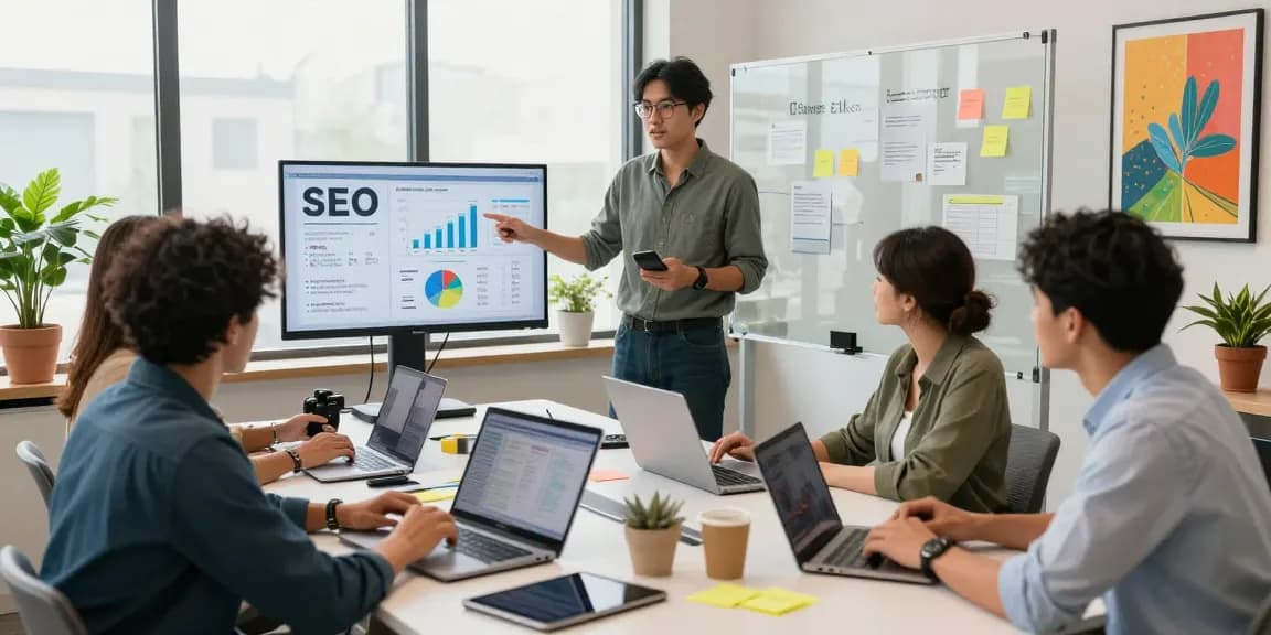SEO Agency team collaborating in a modern office, showcasing data-driven strategies.