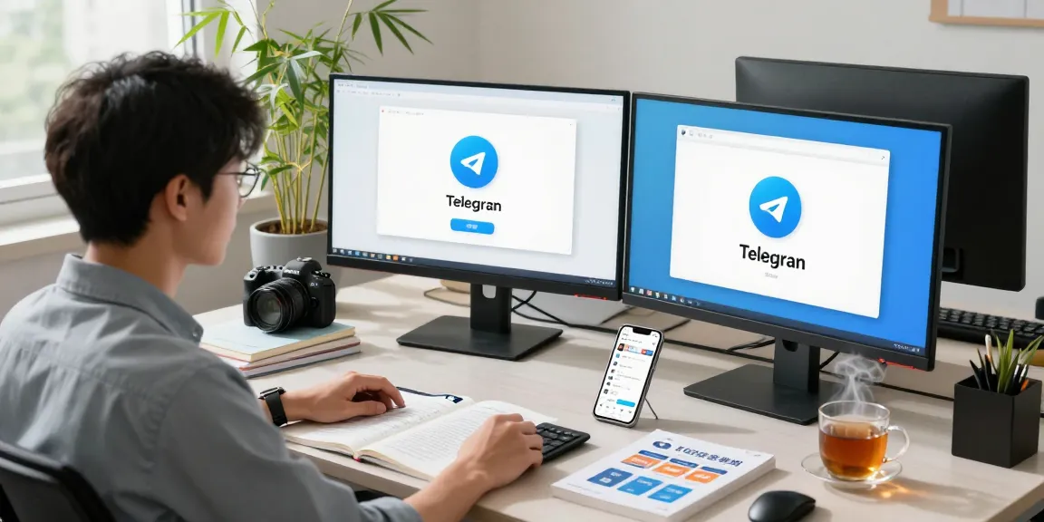 Engaging workspace using Telegram Chinese guide on dual monitors, showcasing modern language learning.