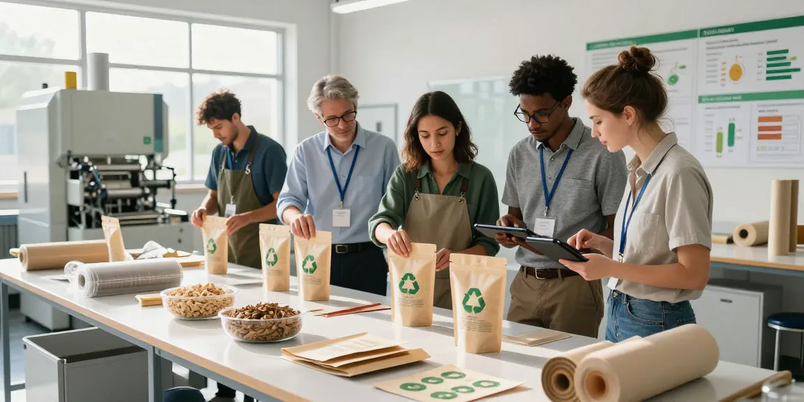 Team collaborating on recyclable stand up pouches in eco-friendly packaging facility, showcasing sustainability.