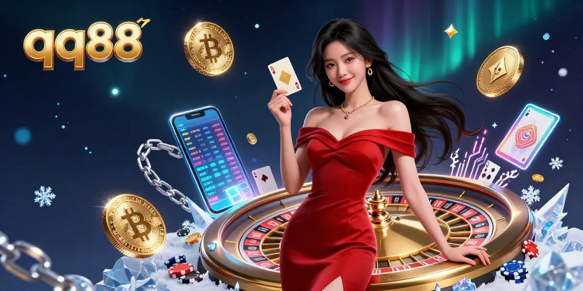 Experience the allure of qq88 with a stunning young woman next to casino elements and glowing crypto coins.