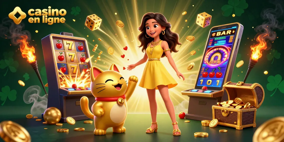 Découvrez le plaisir d'un casino en ligne avec des illustrations vibrantes de jeux et de symboles de chance.