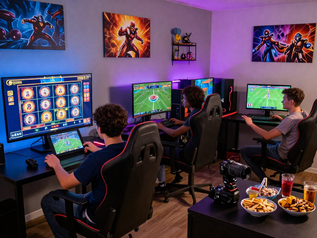 Engaged players enjoying raja328 online gaming platform with vibrant screens and snacks.