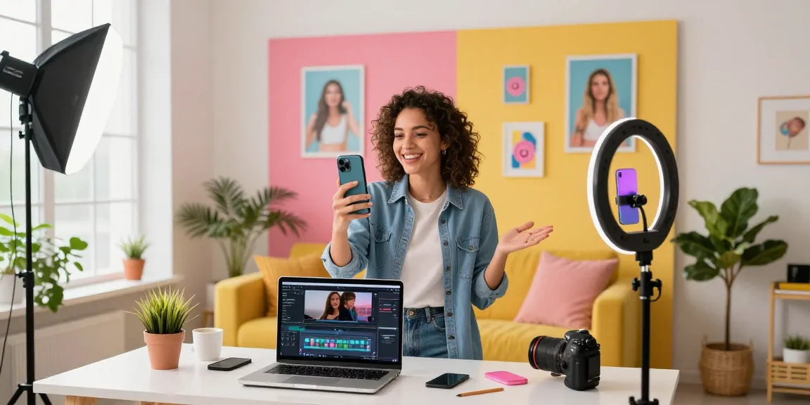 Engaged creator filming TikTok video to buy tiktok likes in a bright studio setup