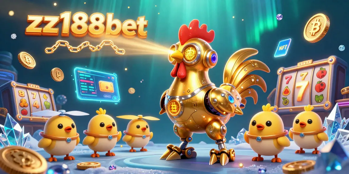 Engage in thrilling gameplay with zz188bet, featuring a dynamic 3D illustration of a golden rooster robot and crypto elements.