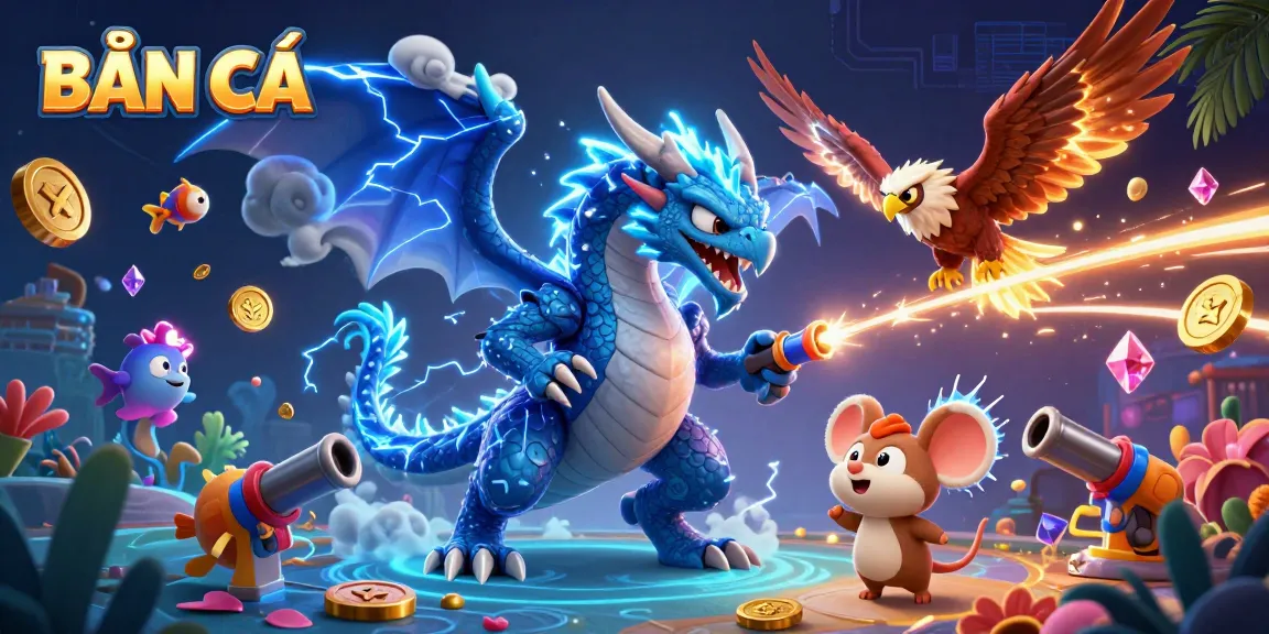 BẮN CÁ action scene with dynamic sea creatures, golden coins, and a colorful underwater adventure.
