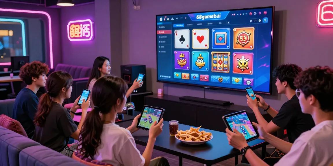Group playing 68gamebai in a vibrant gaming lounge, showcasing excitement and community.