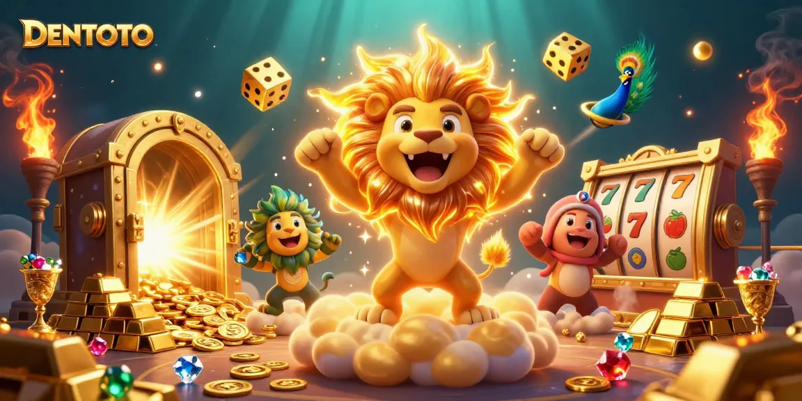 DENTOTO elevates your slots experience with a vibrant scene of golden riches, spinning reels, and playful characters.