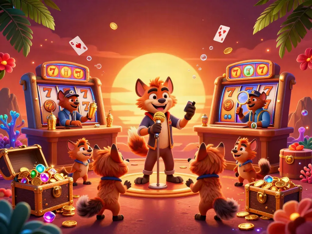 Experience the excitement of qq slot gameplay in a vibrant hyena-themed comedy casino scene.