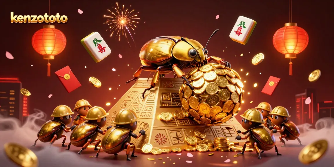 Kenzototo features a golden dung beetle rolling a ball of coins, surrounded by vibrant gambling elements, showcasing online lottery excitement.
