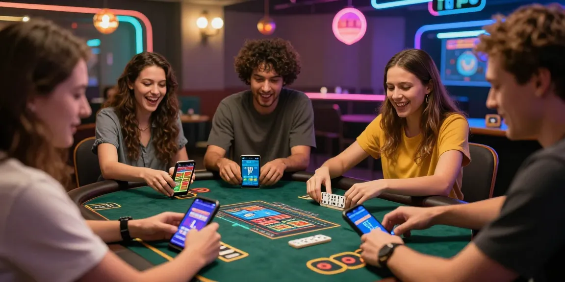 Engaging scene of friends enjoying Daftar Dominobet online gambling experience with vibrant game interface.