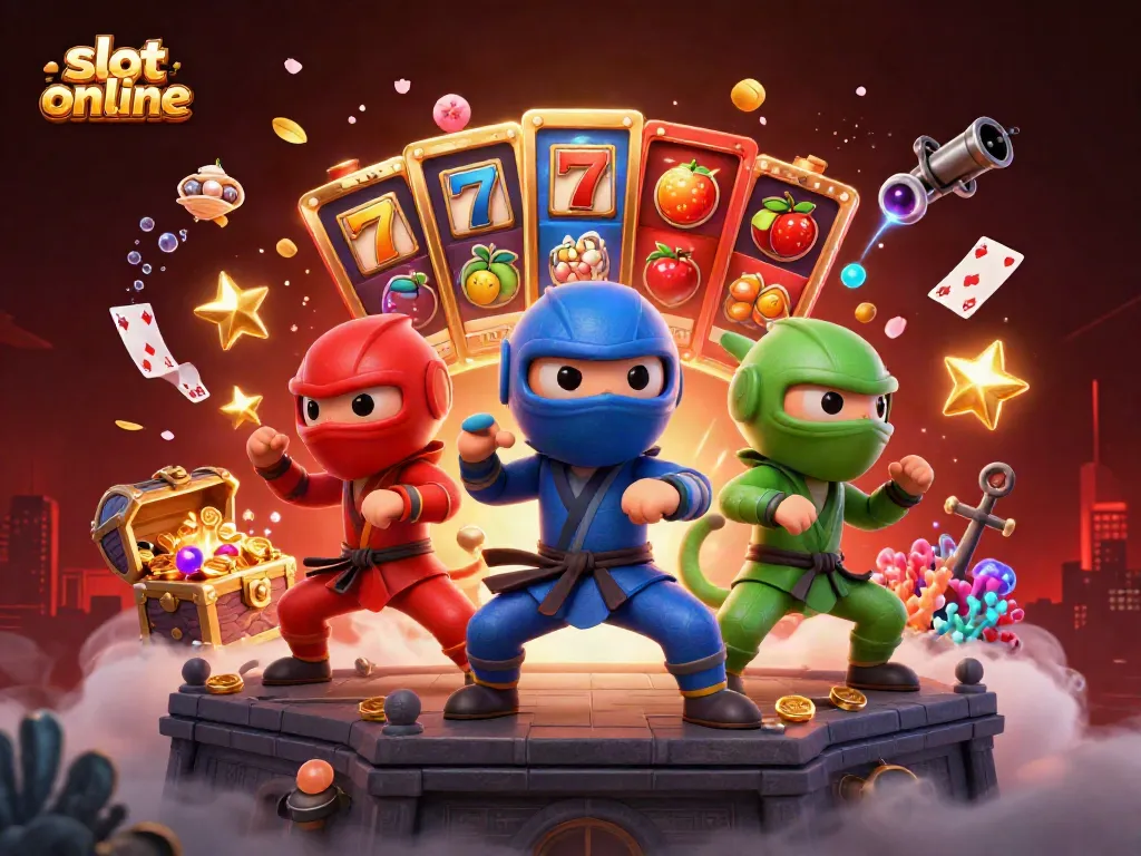 Engage in slot online adventures with cartoon chameleon ninjas in a vibrant 3D scene.