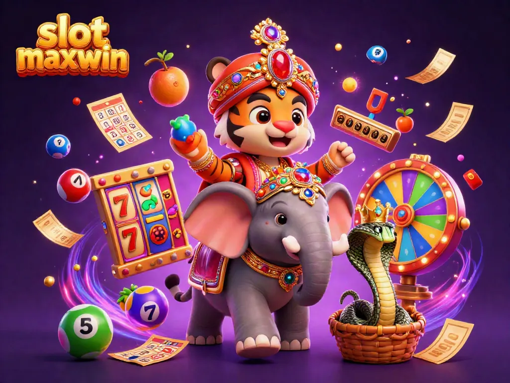 Menangkan slot maxwin dengan ilustrasi 3D menarik yang menggambarkan mahkota jackpot dan karakter unik.