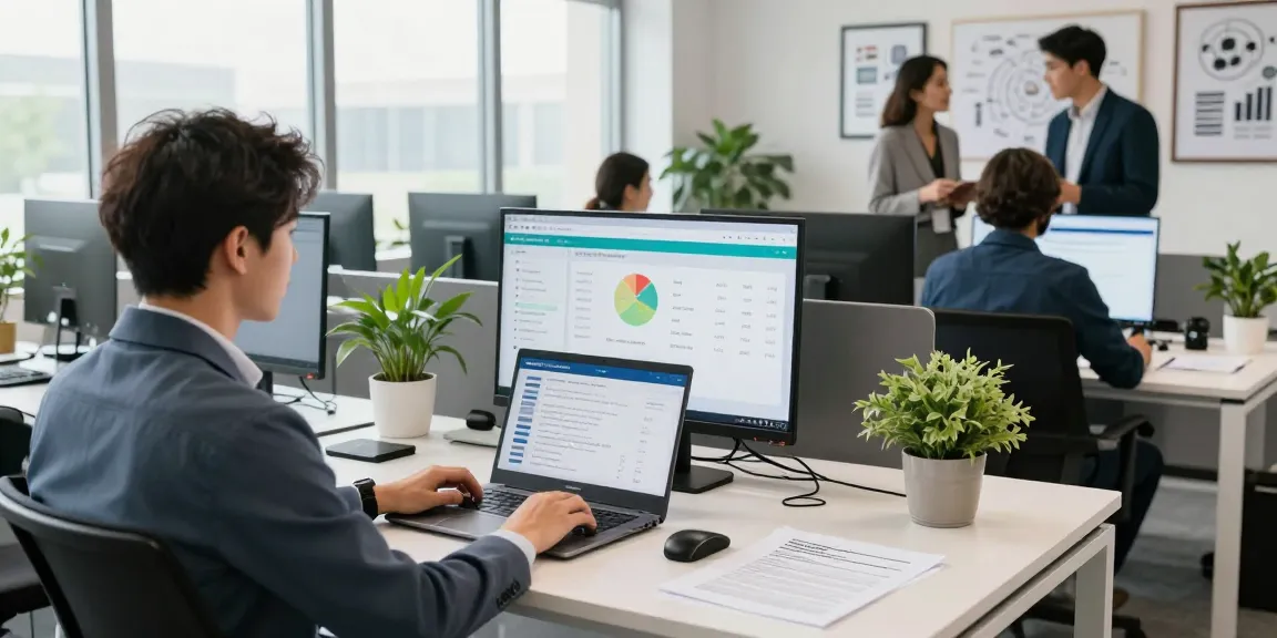 Implementing an age verification system in a modern business office with analytics on screen.