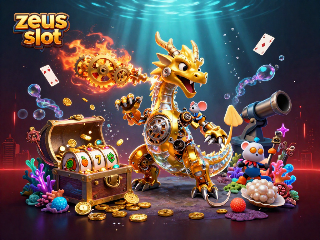 Win big with zeus slot in a vibrant casino scene featuring a golden dragon and treasure