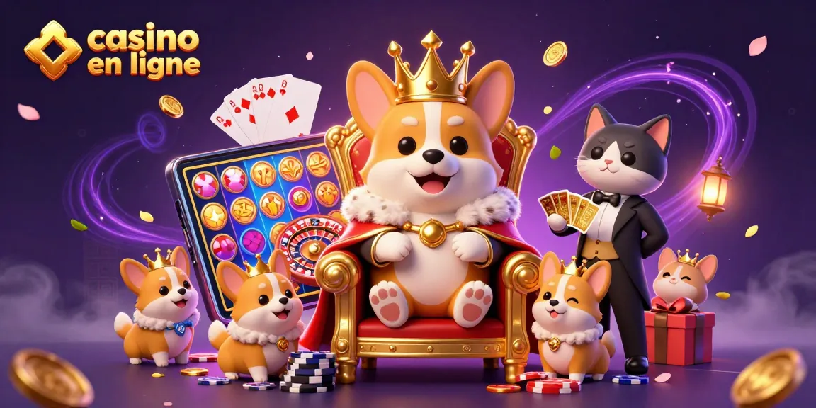 Engaging illustration of casino en ligne with 3D royal corgi and lively gambling elements.