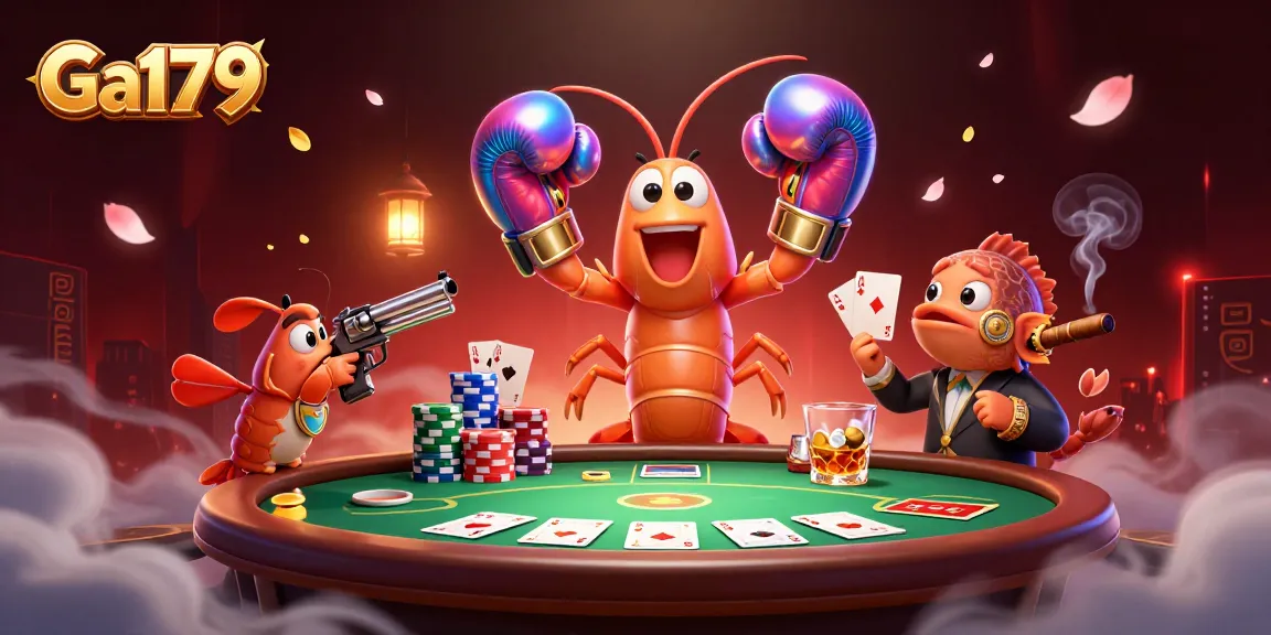 Engage with Ga179 as the mantis shrimp and pistol shrimp aim for big wins at the poker table in this vibrant casino scene.