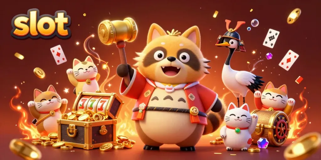 Experience the thrill of slots with a cheerful tanuki in a festive scene bursting with gold coins and luck.