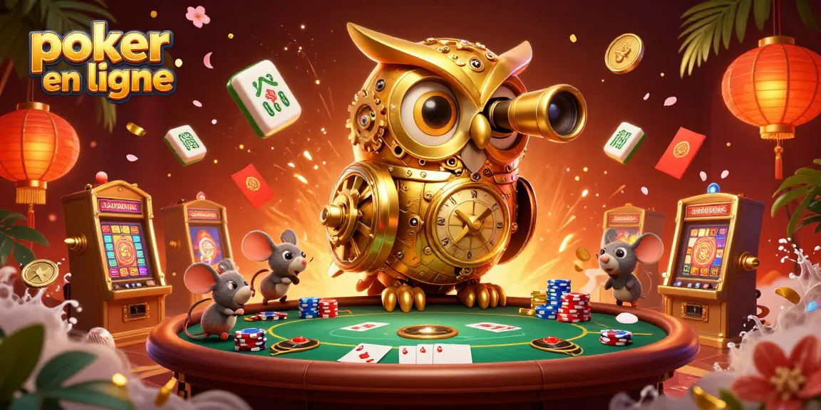 Découvrez l'univers captivant du poker en ligne avec cette illustration mettant en scène un hibou doré sur une table de poker dynamique.