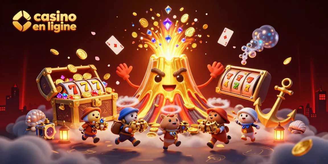 Pariez avec le meilleur casino en ligne, découvrant des trésors et des jackpots dans une illustration dynamique et colorée.
