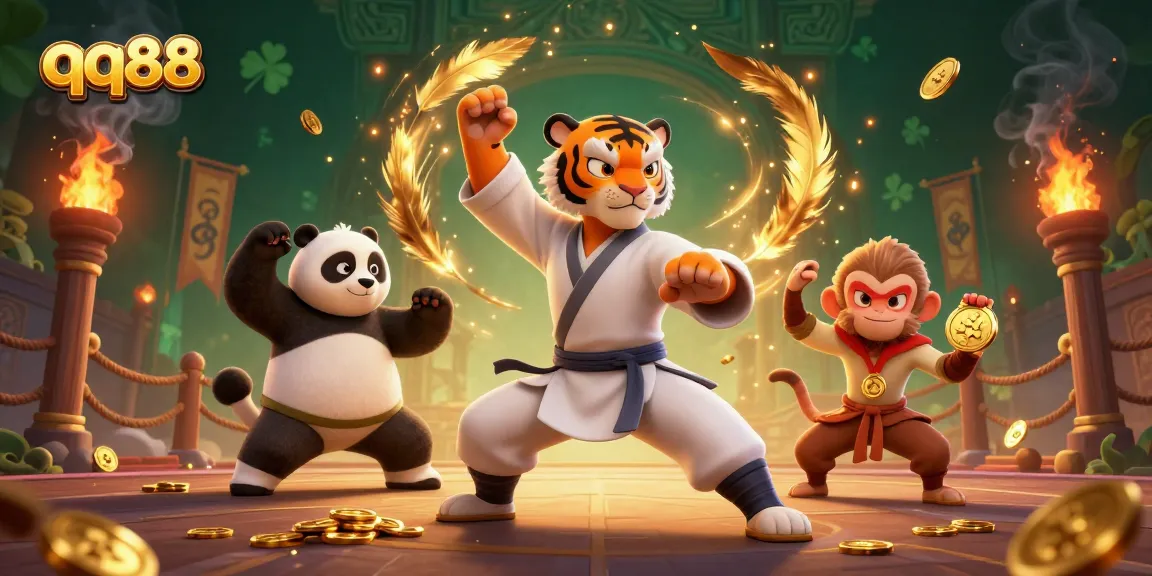 Experience thrilling moments at qq88, featuring a kung fu master, golden coins, and mystical elements of gambling.