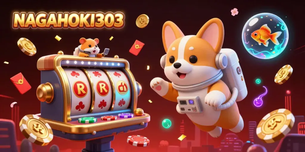 Gambarkan keseruan bermain di NAGAHOKI303 dengan astronaut corgi, koin emas, dan elemen permainan yang menawan.