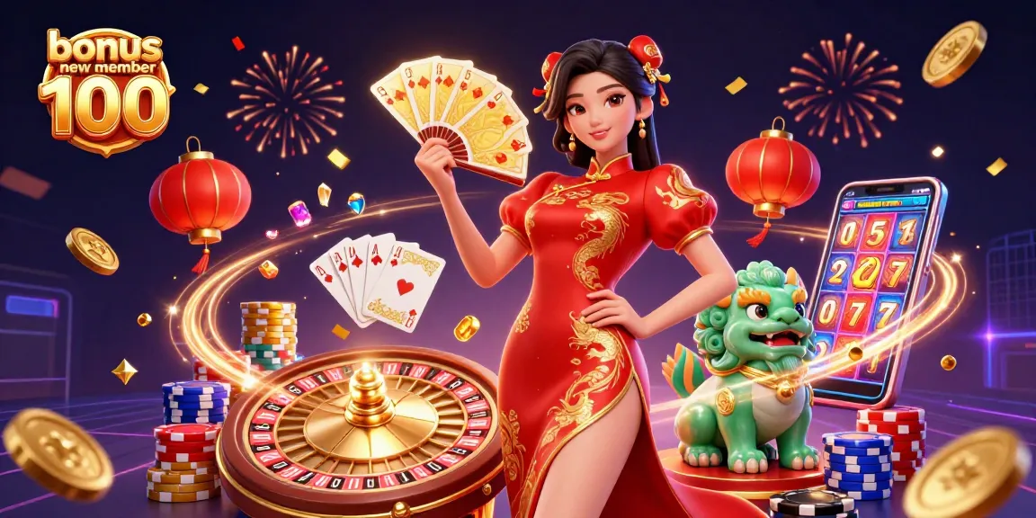 Win big with bonus new member 100 in this vibrant casino scene filled with excitement and rewards.