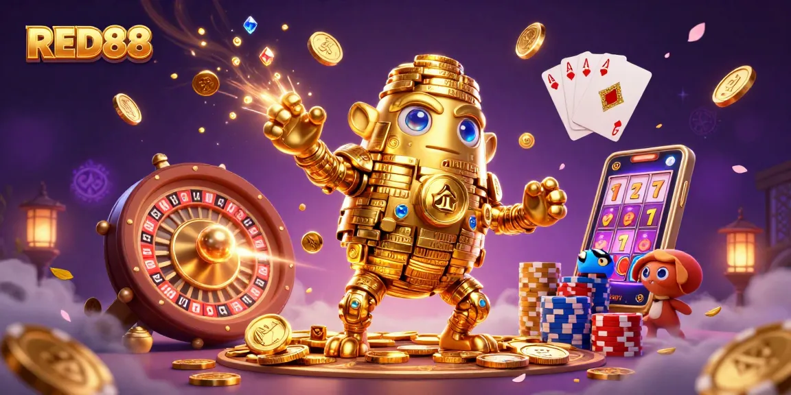 Experience RED88 with a vibrant 3D illustration showcasing dynamic casino action and lively game elements.