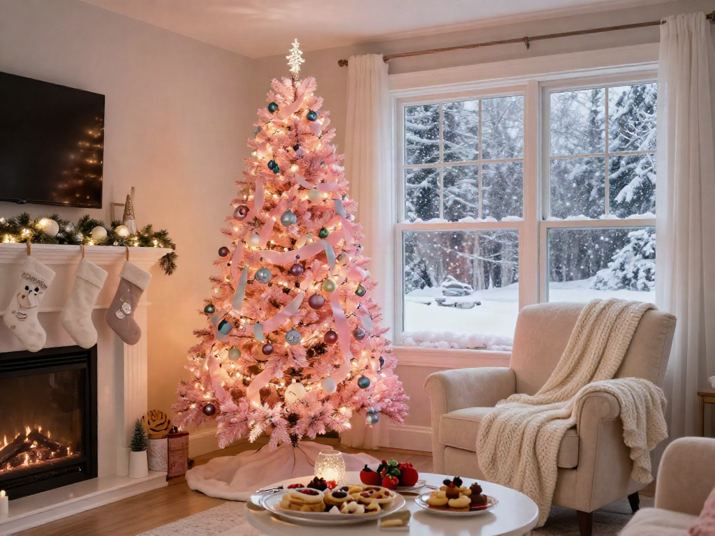 Pink Christmas tree in a cozy living room with festive decor.