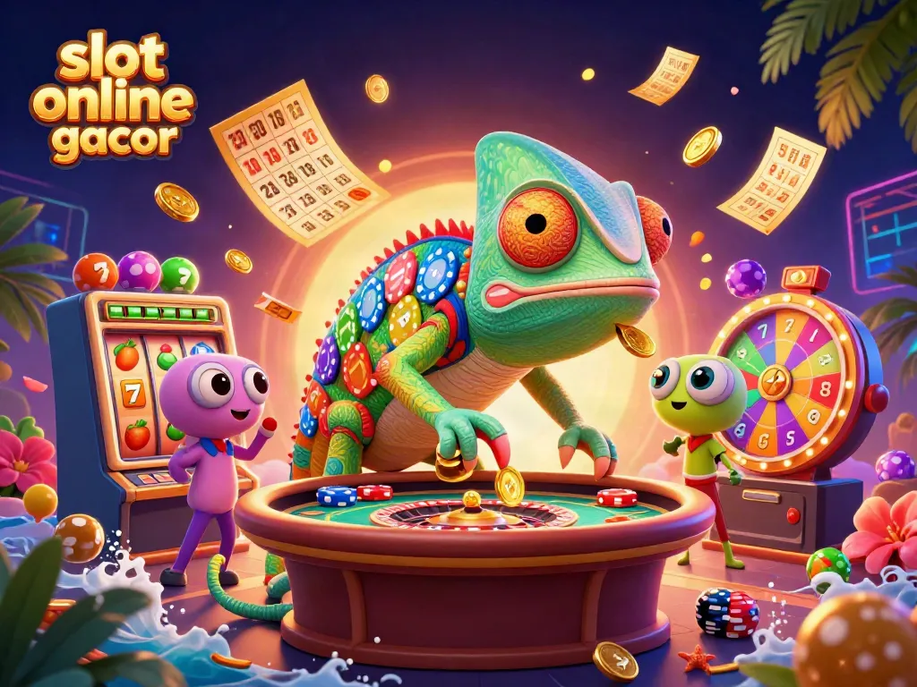 Engage in thrilling slot online gacor experiences with animated vibrant game elements and a dazzling chameleon casino owner.