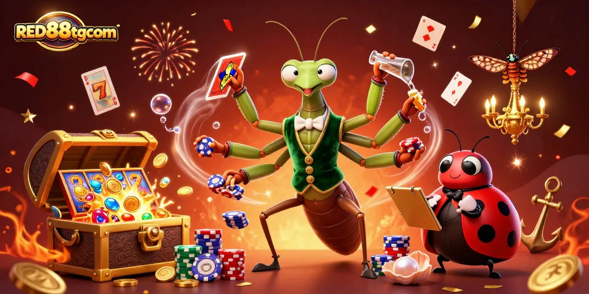 Engage in exciting slots at RED88tgcom with a vibrant 3D casino scene featuring playful characters.