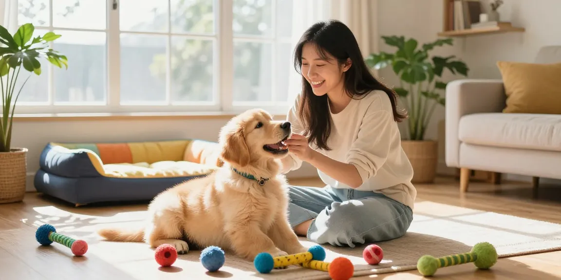 Engaging moment with a golden retriever puppy and owner showcasing joy in rokok88 pet care.